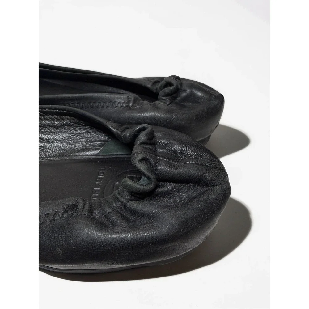 Tory Burch Reva Ballet Flats Gold Medallion Black Leather Comfy Stretch Size 10